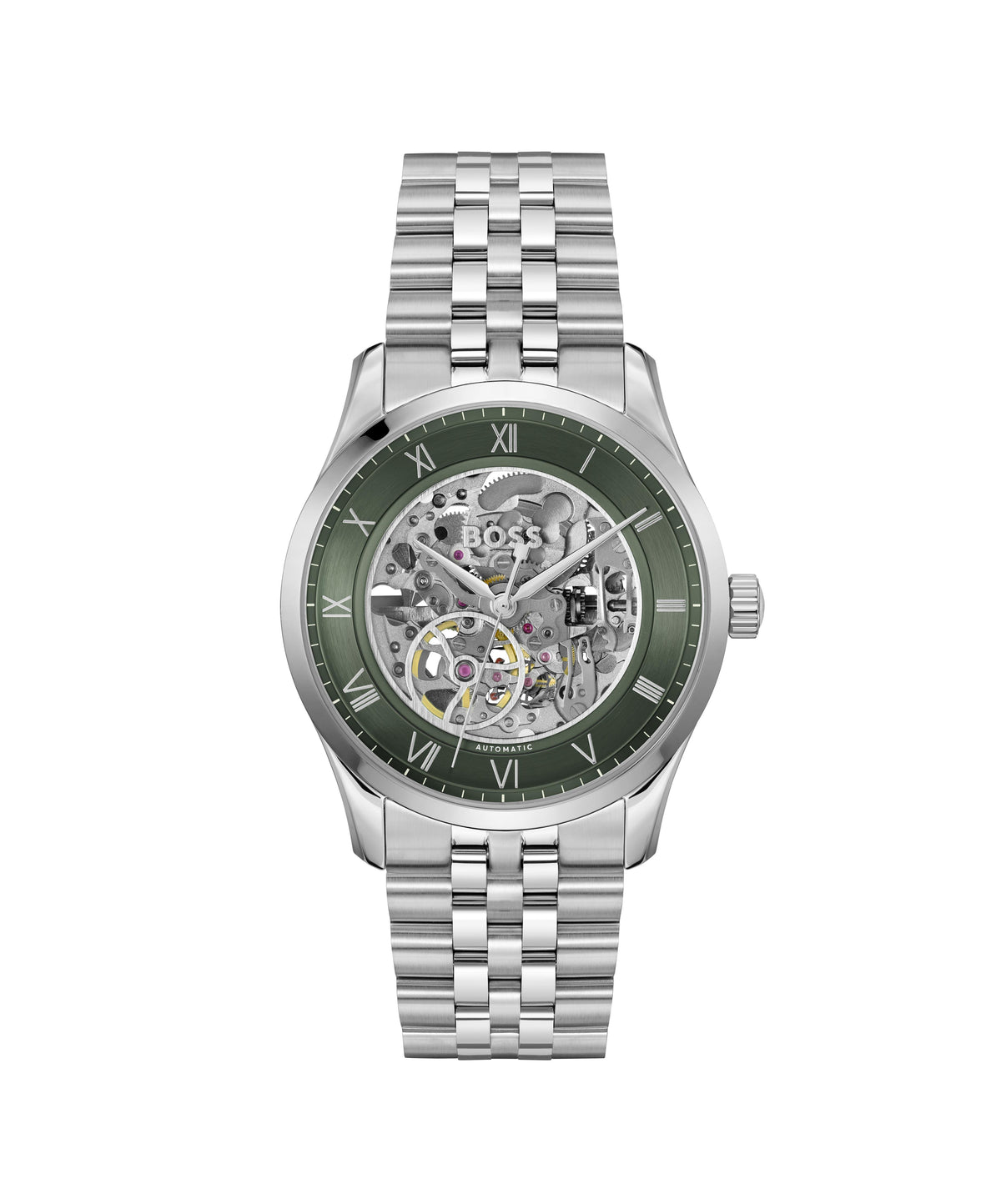 HUGO BOSS Boss Principle Skeleton Gents. Stainless Steel Case & Bracelet. Dark Green Dial.