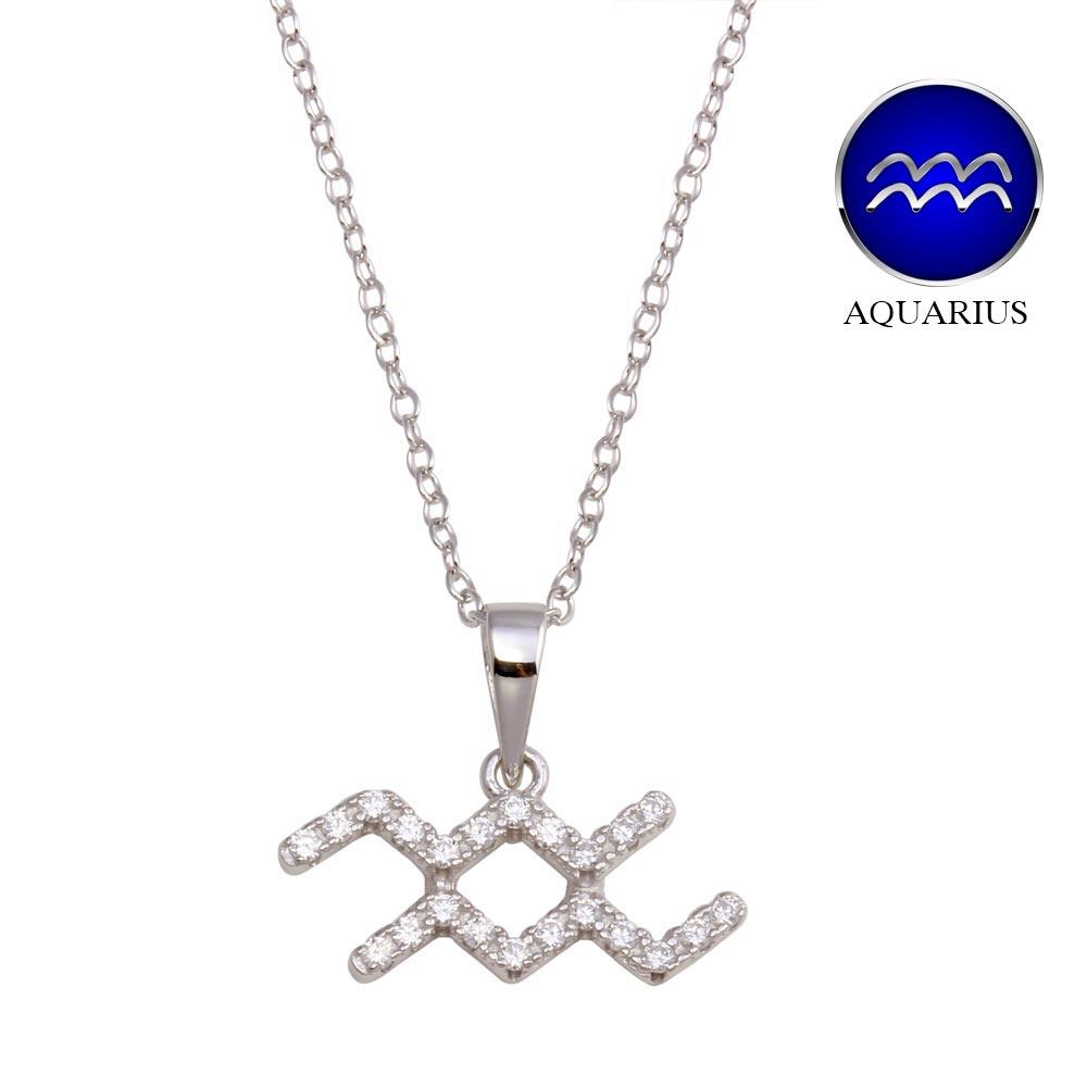 PARIKHS Rhodium Plated Aquarius CZ Zodiac Sign Necklace in 925 Sterling Silver