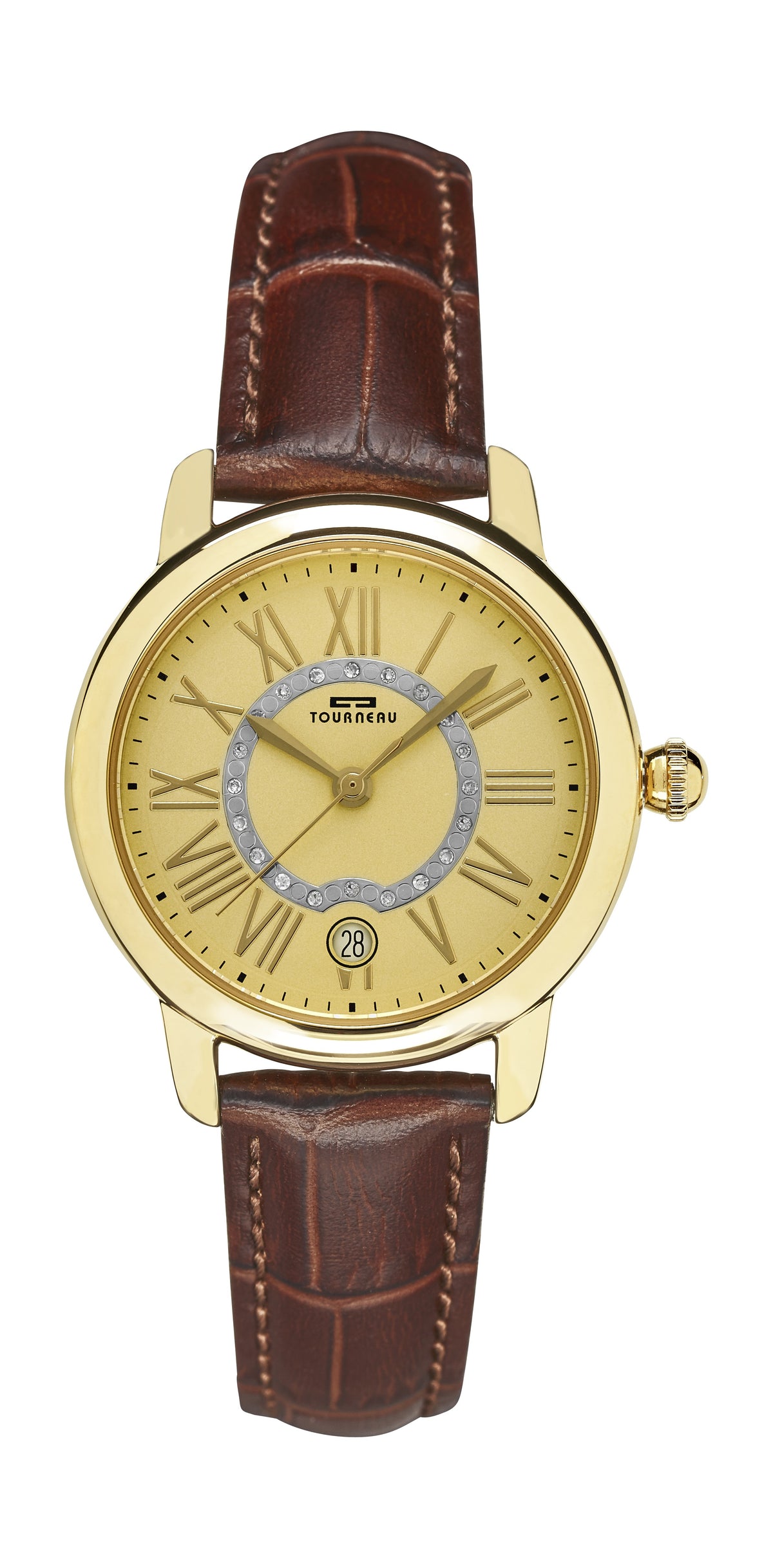 Tourneau Ladies 34mm Gold Tone Watch on a Brown Leather Strap