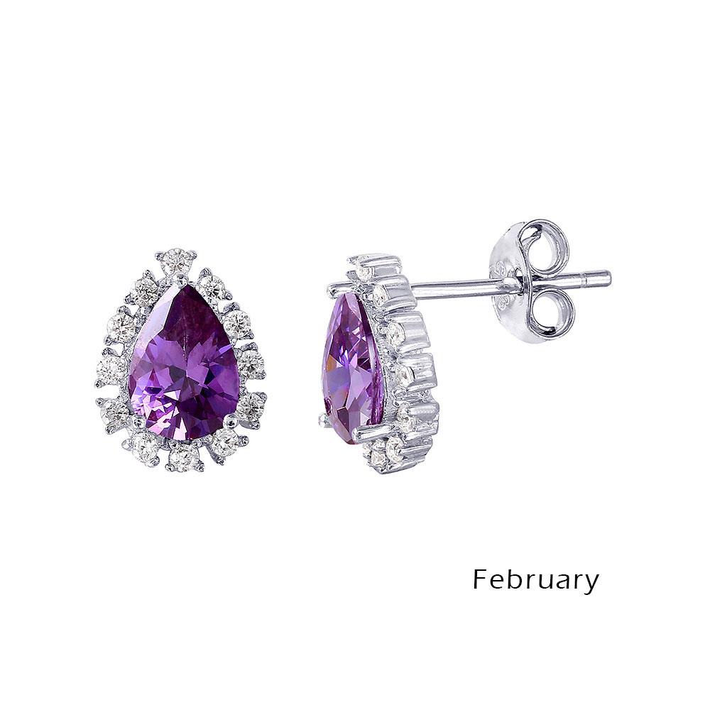 PARIKHS Rhodium Plated Teardrop Halo CZ February Birthstone Earring in 925 Sterling Silver