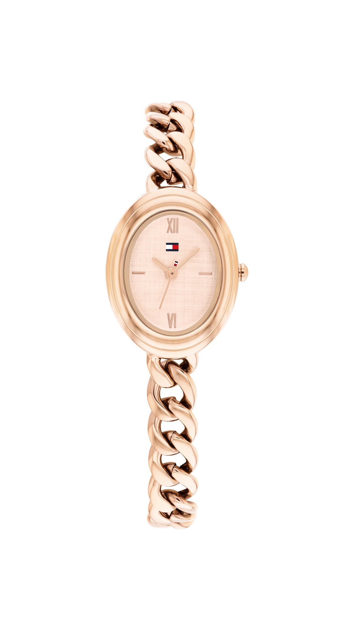 Tommy Hilfiger Ladies. Rose Gold Plated Case & Chain link Bracelet. Carnation Gold Dial
