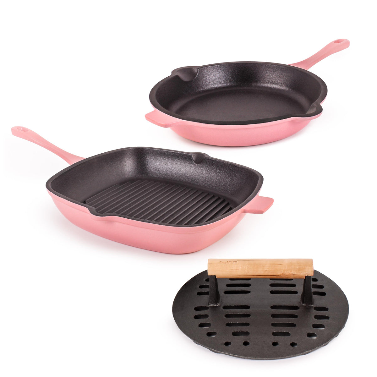 BergHOFF Neo 3pc Cast Iron Set: 10" Fry Pan, Grill Pan and Slotted Steak Press. Pink
