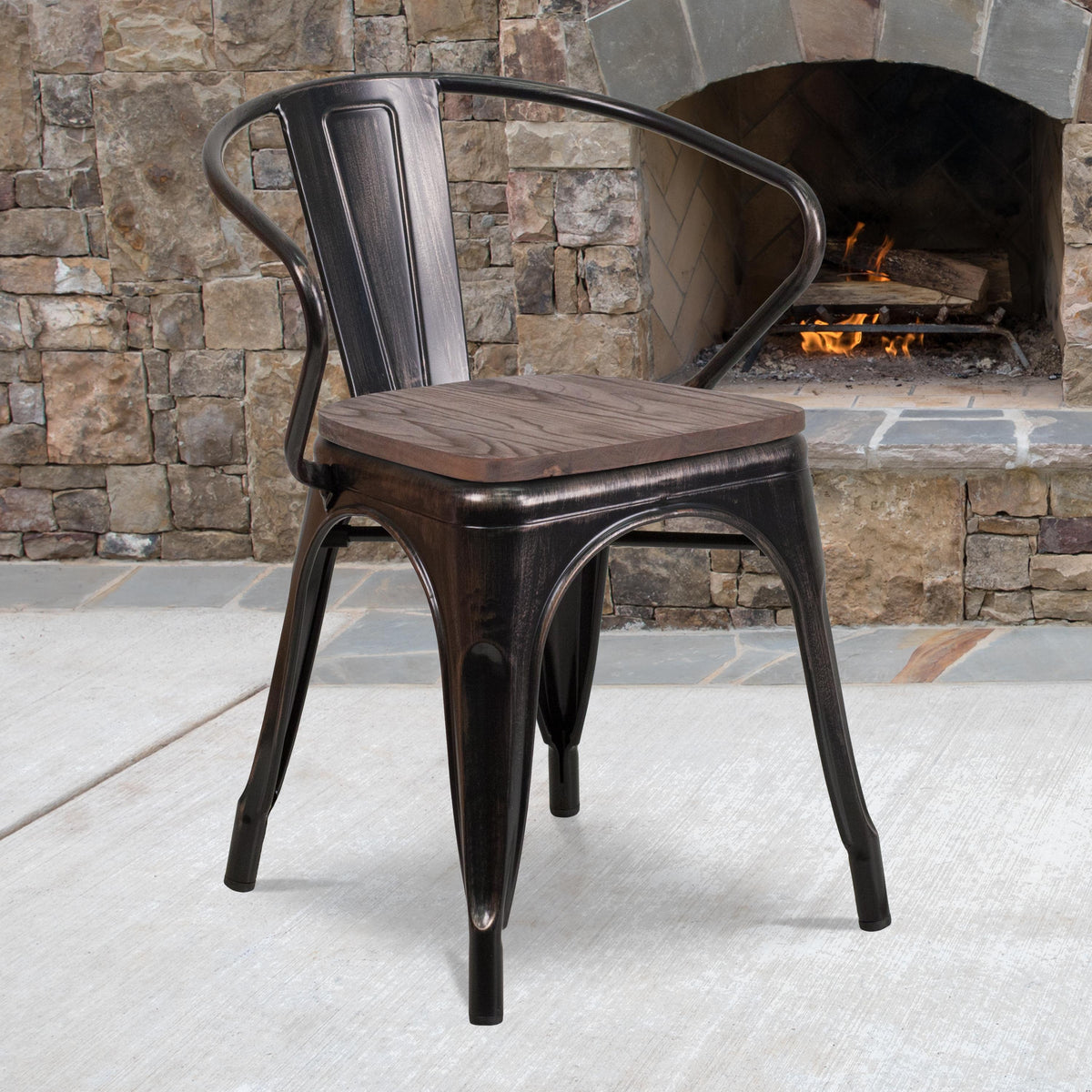 Flash Furniture Black-Antique Gold Stackable Metal Chair with Wood Seat and Arms - Bistro Chair