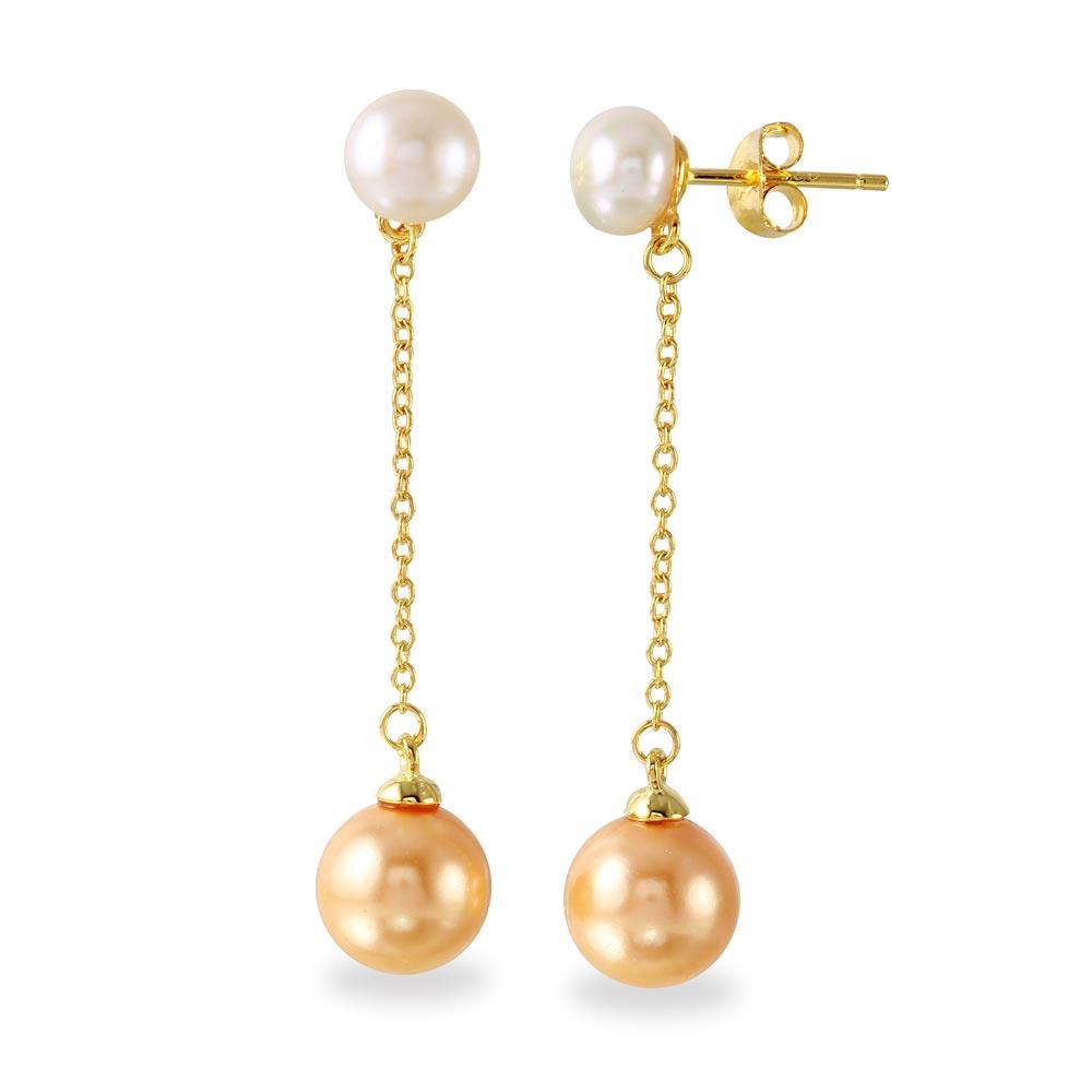 PARIKHS Gold Plated Fresh Water Pearl with Dangling Synthetic Pearl Earring in 925 Sterling Silver