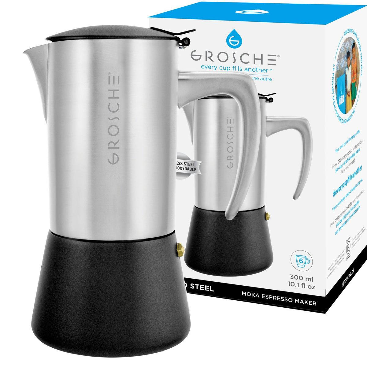 Grosche Milano Steel Stovetop Espresso Maker 6-cup Brushed Steel