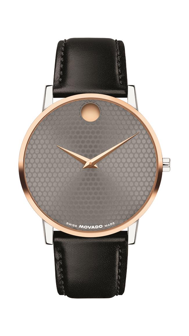 Movado Classic Museum Gents. SS/Rose Gold PVD Case. Grey dial. Black Calfskin Strap