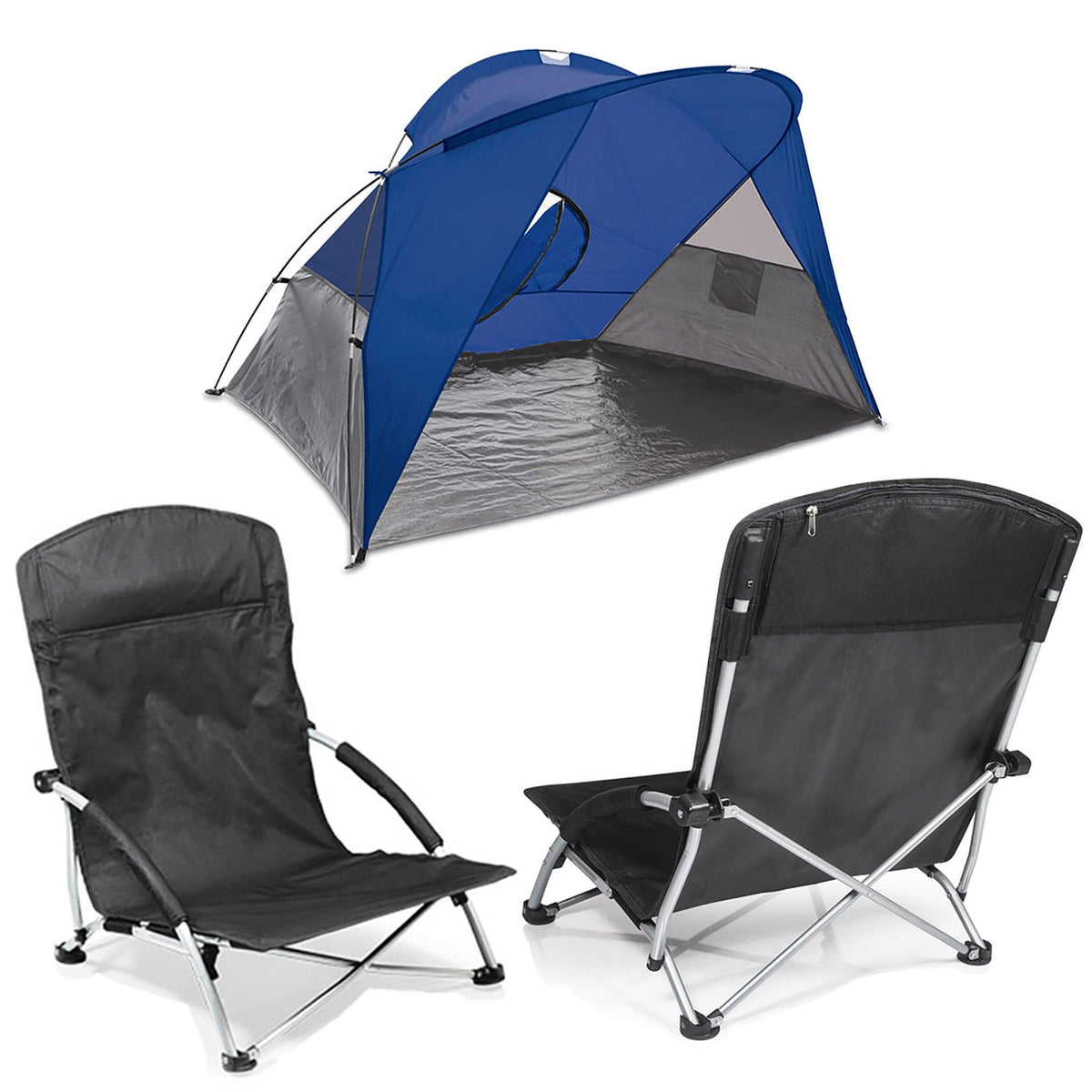 Oniva 2 Tranquility Chairs Black w/ Portable Beach Tent Blue