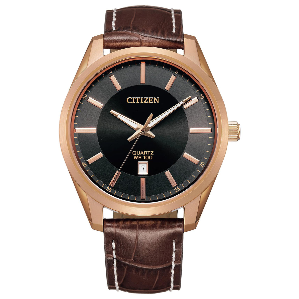 Citizen Mens Rose Gold Quartz Leather Strap Watch Black Dial