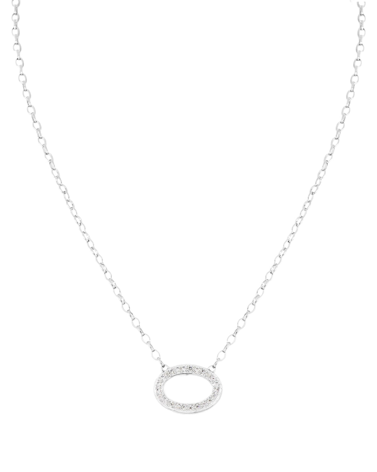 John Medeiros Aldrava Collection - Oval Pave Necklace Rhodium 16"-18" Chain, Pave Pendant 1.5" Dia.