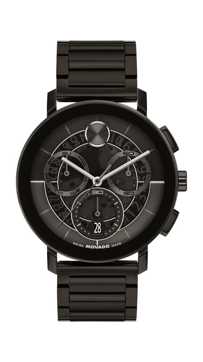 Movado Bold Evolution 2.0 Gents. Black IP Steel Case & Bracelet. Black Chrono Skeleton Dial.