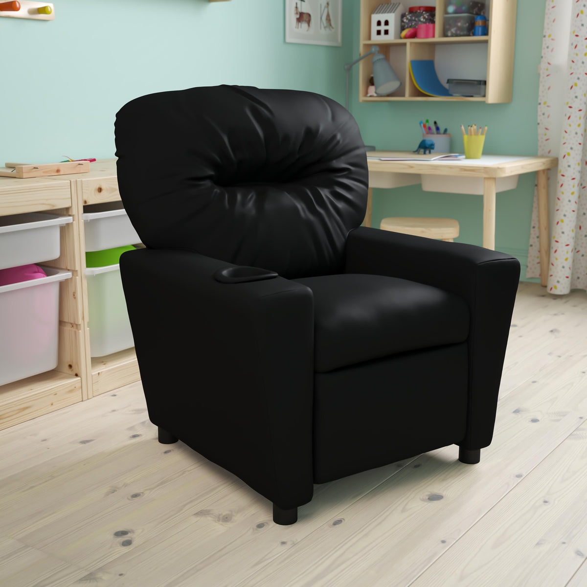 Flash Furniture Contemporary Black LeatherSoft Kids Recliner with Cup Holder - Hardwood Frame