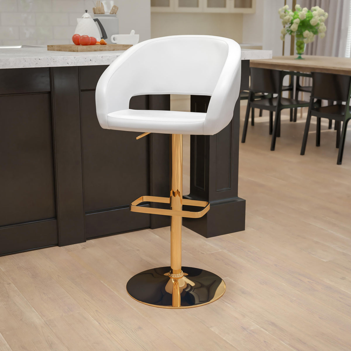 Flash Furniture Black Vinyl Adjustable Height Barstool with Rounded Mid-Back and Gold Base