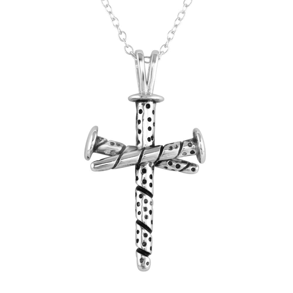 PARIKHS Rhodium Plated Triple Nail Cross Pendant Necklace in 925 Sterling Silver