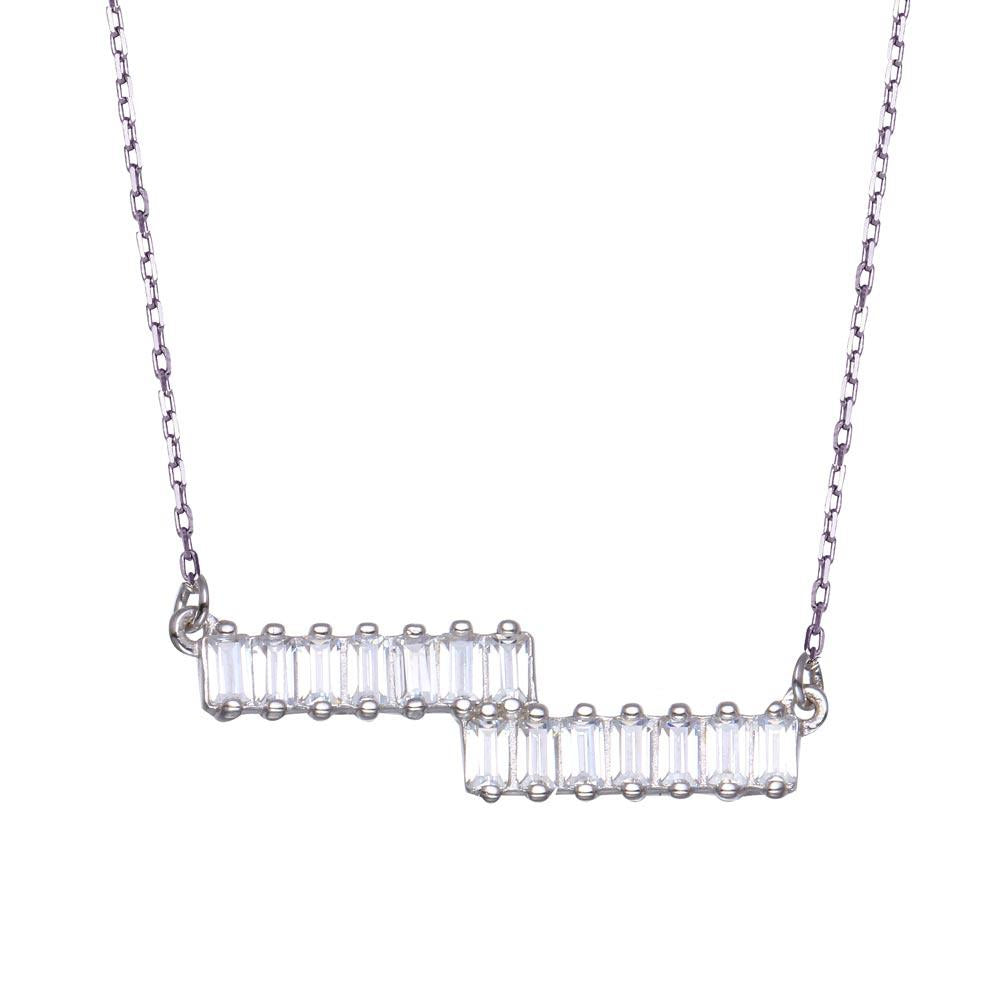 PARIKHS Rhodium Plated Double Baguette Horizontal Bar CZ Necklace in 925 Sterling Silver