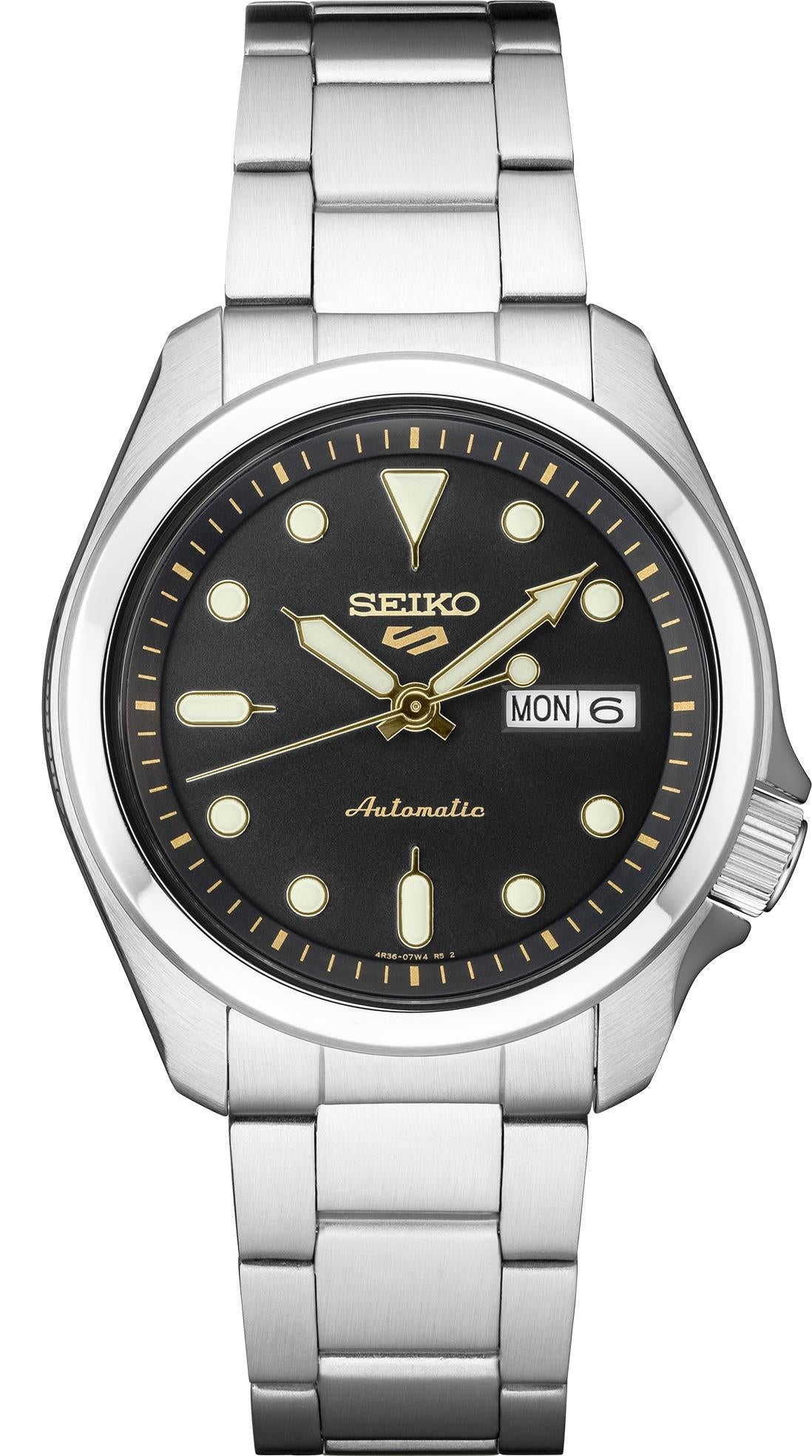seiko 5 sports, Black Dial w/gold accents, Day/Date
