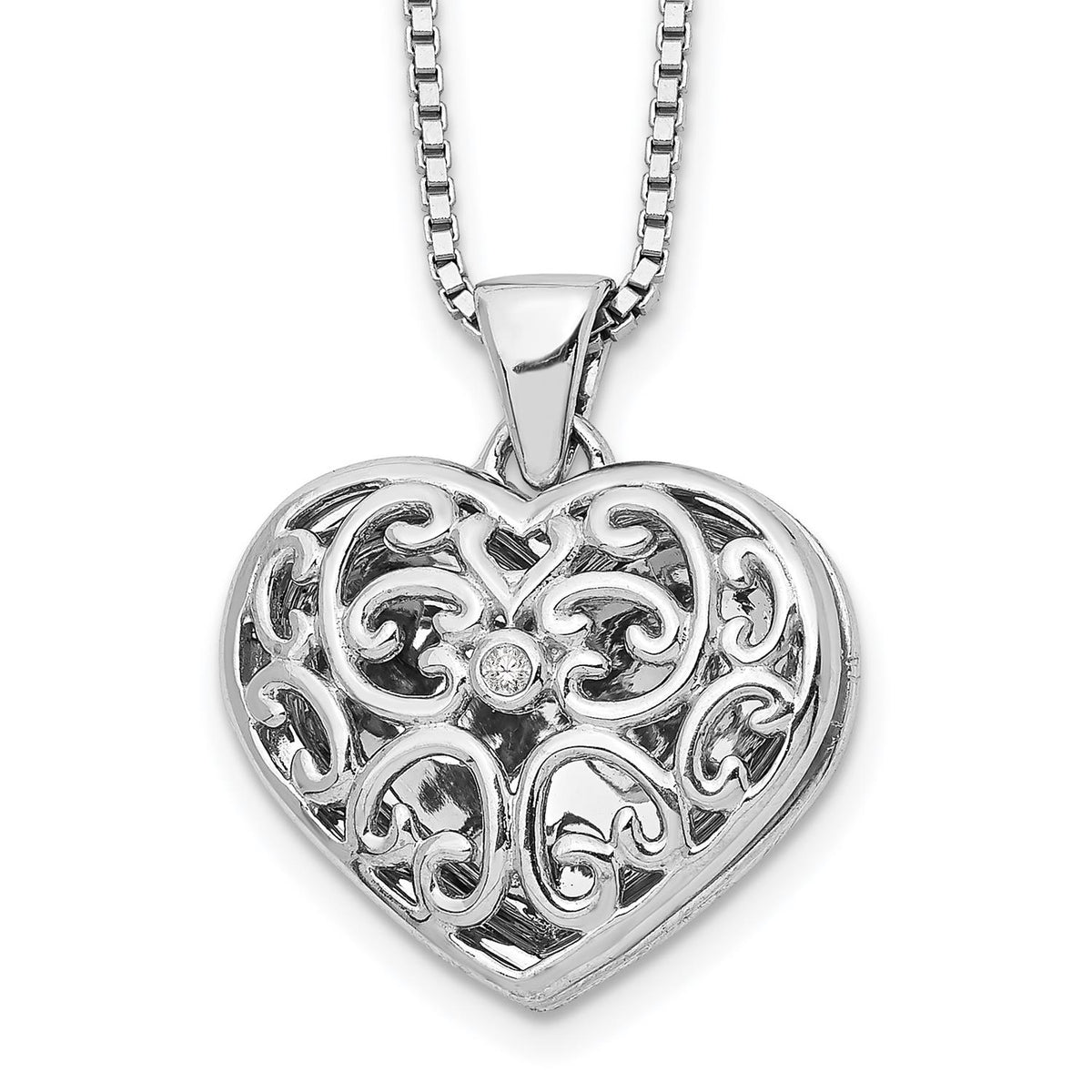 Distinctive White Ice Sterling Silver RH Plated White Ice Diamond Heart Locket 18" Necklace