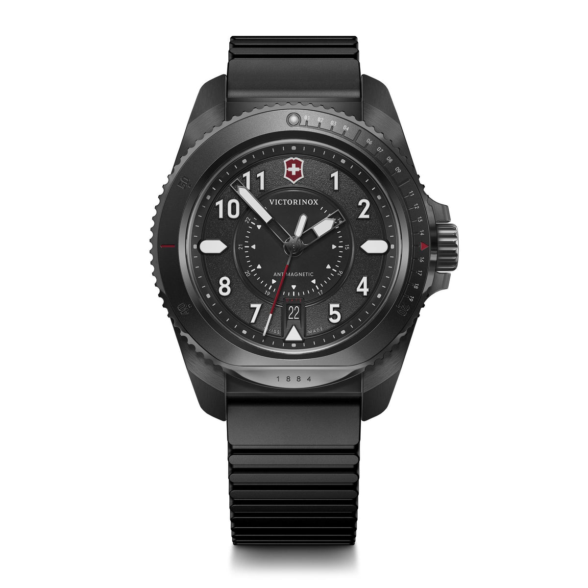 Victorinox Swiss Army Journey 1884 43mm, black stainless steel case, black aluminium bezel, black dial, black rubber strap