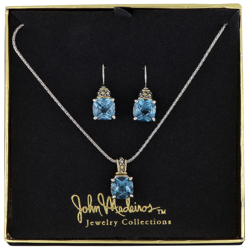 John Medeiros Anvil Square cut Earrings with Beijos Cushion Necklace. K5246-A603 & F3521-A600 Aqua, Set