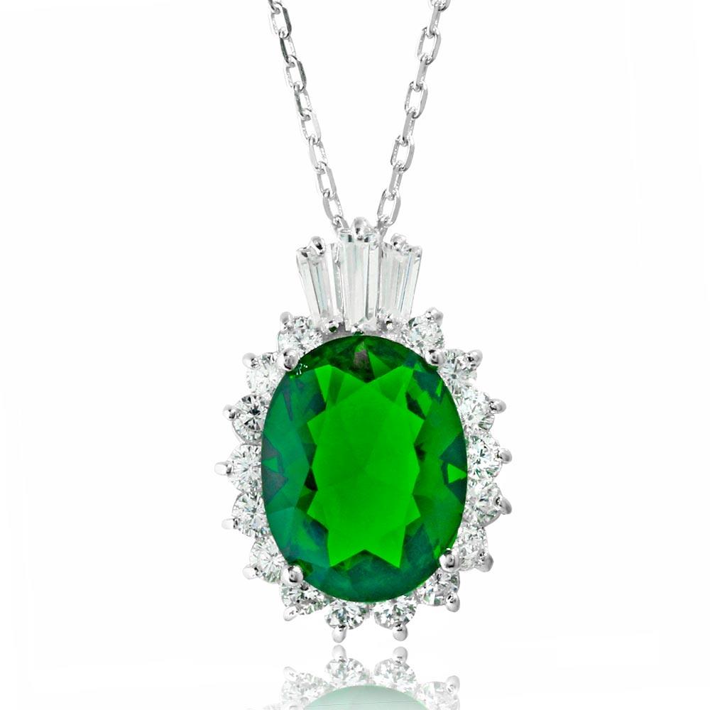 PARIKHS Rhodium Plated Oval Pave with Green Baguette Crown CZ in 925 Sterling Silver
