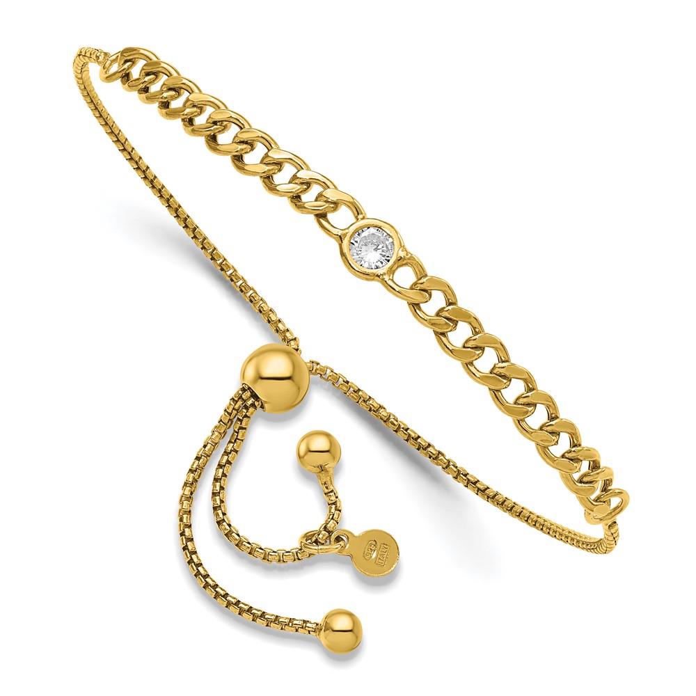 Distinctive Sterling Silver Gold-Tone CZ Bolo Adjustable Bracelet