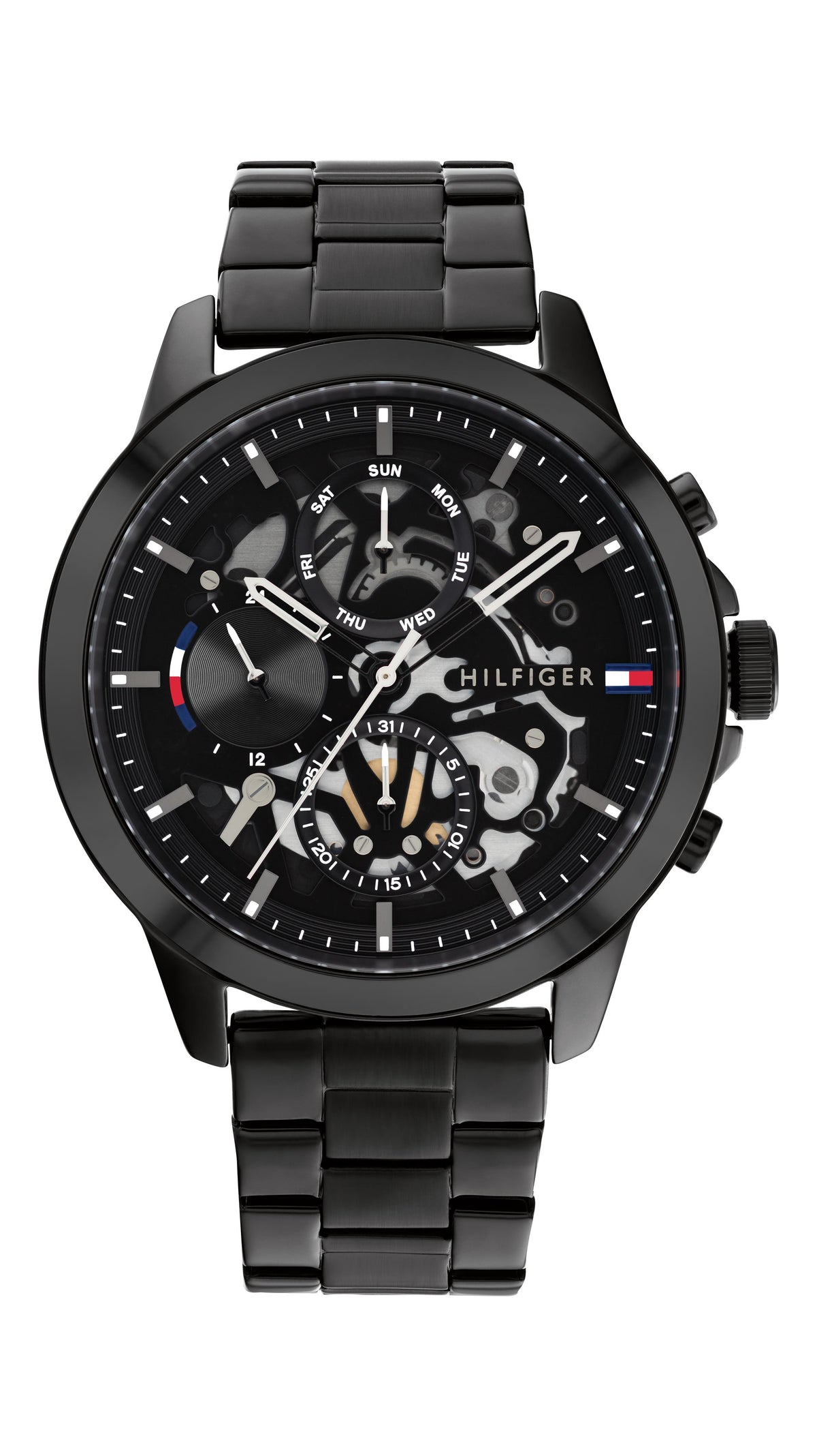 Tommy Hilfiger Gents. IP Black Steel Case & Bracelet. Black Skeleton multi-function Dial.