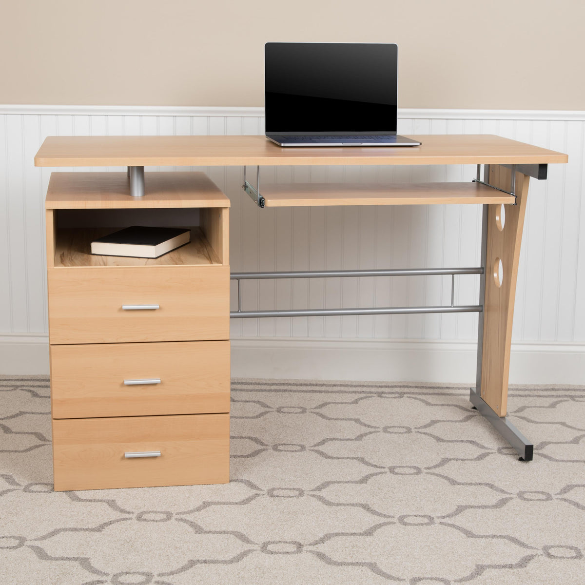 Flash Furniture White Desk with Three Drawer Single Pedestal and Pull-Out Keyboard Tray