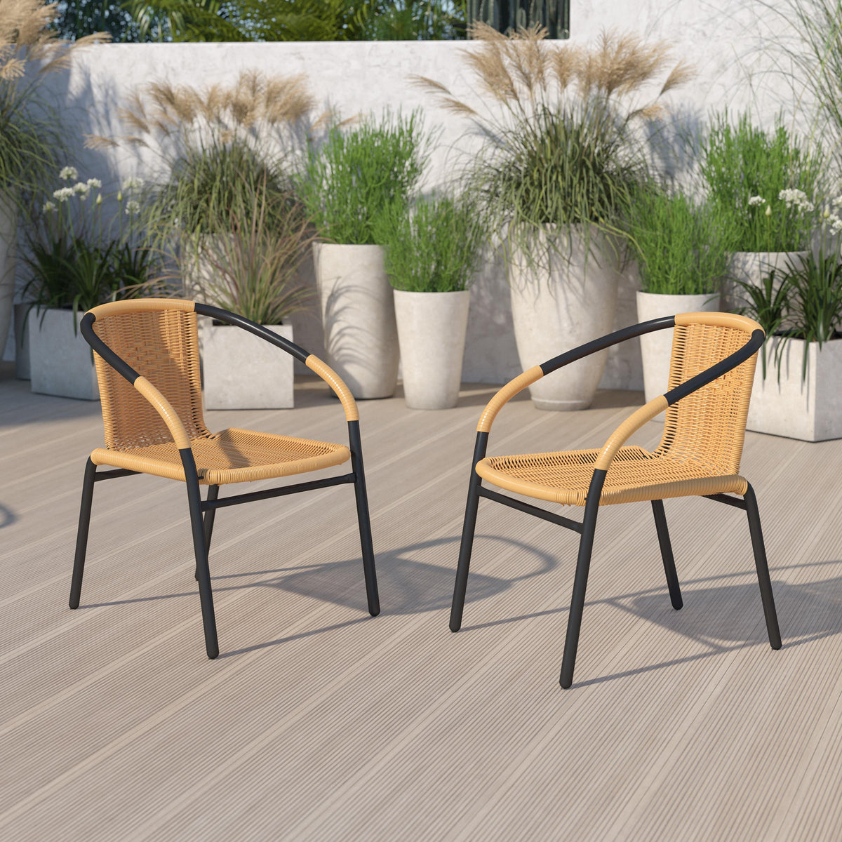 Flash Furniture 2 Pack Beige Rattan Indoor-Outdoor Restaurant Stack Chair with Curved Back