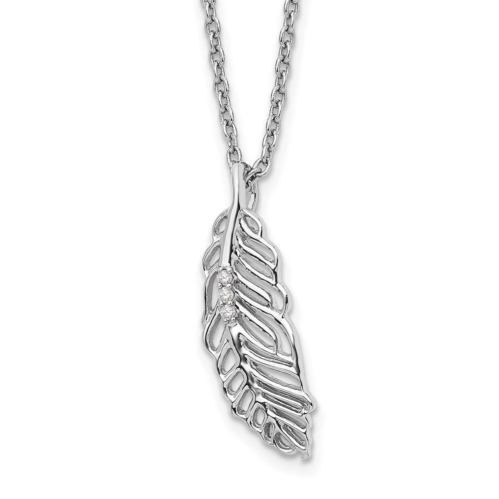 Distinctive Sterling Silver Rhodium Plated White Ice Diamond Feather Necklace