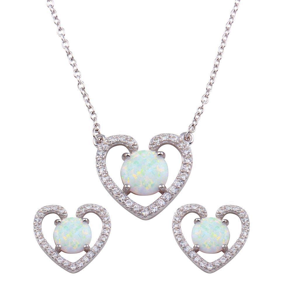 PARIKHS Rhodium Plated Synthetic Opal Open Heart CZ Necklace-Earring Set in 925 Sterling Silver