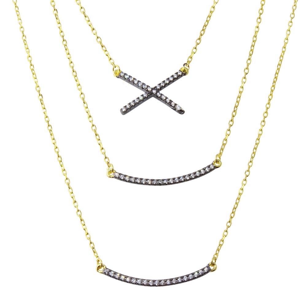 PARIKHS Gold Plated Triple Strand Necklace with CZ Curved Bar and CZ X in 925 Sterling Silver