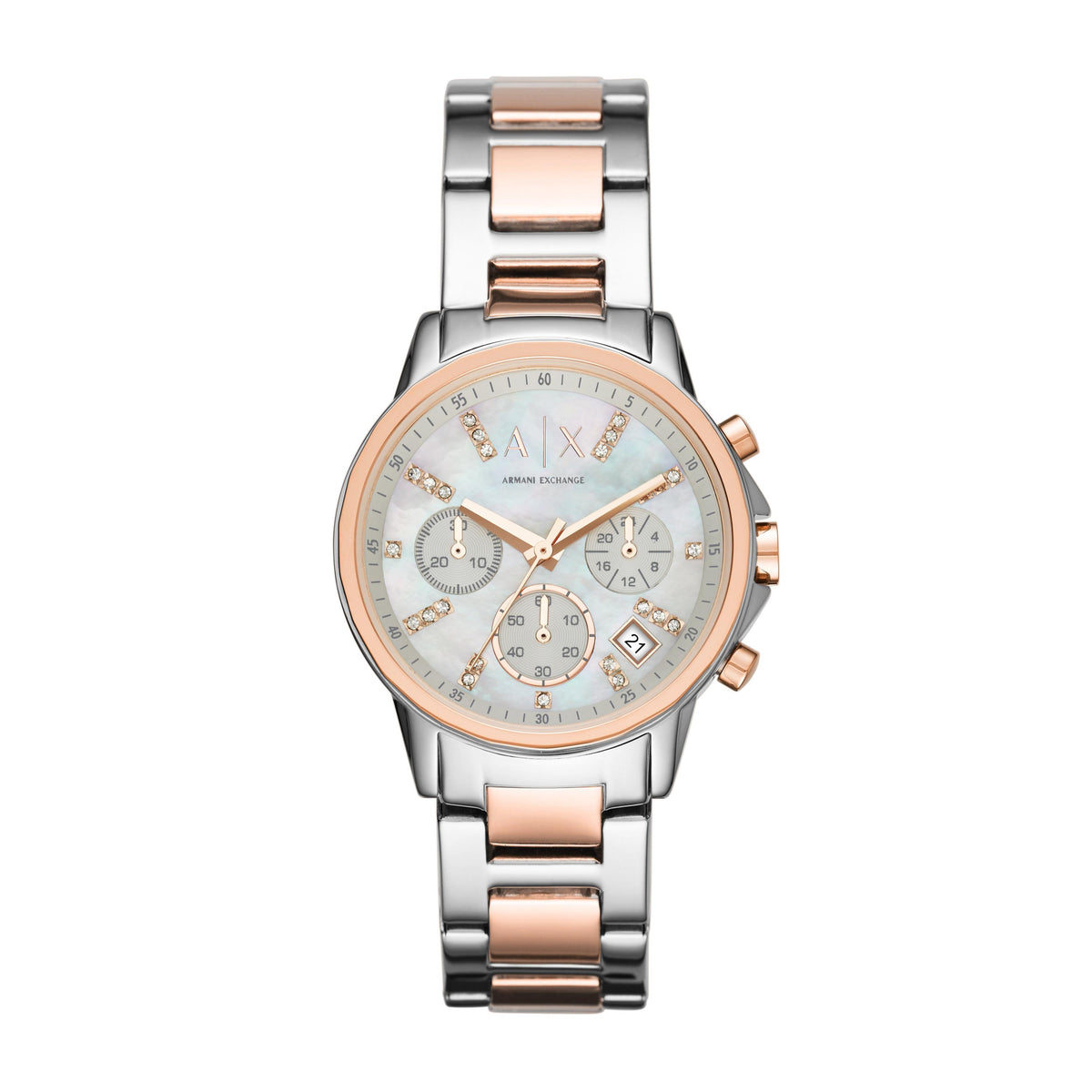 Armani Exchange Ladies Lady Banks Silver & Rose Gold Multi-Dial Crystal Watch Mother-of-Pearl Dial
