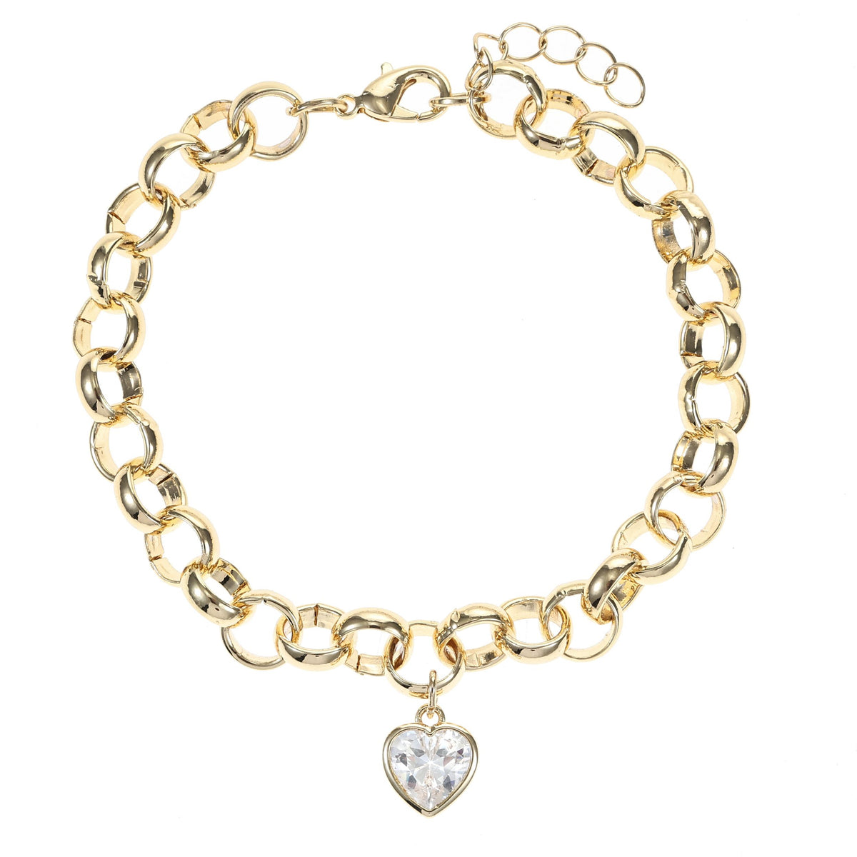 Joyful Sentiments Bold Rolo Chain Bracelet with Heart Shape Cubic Zirconia - Goldtone