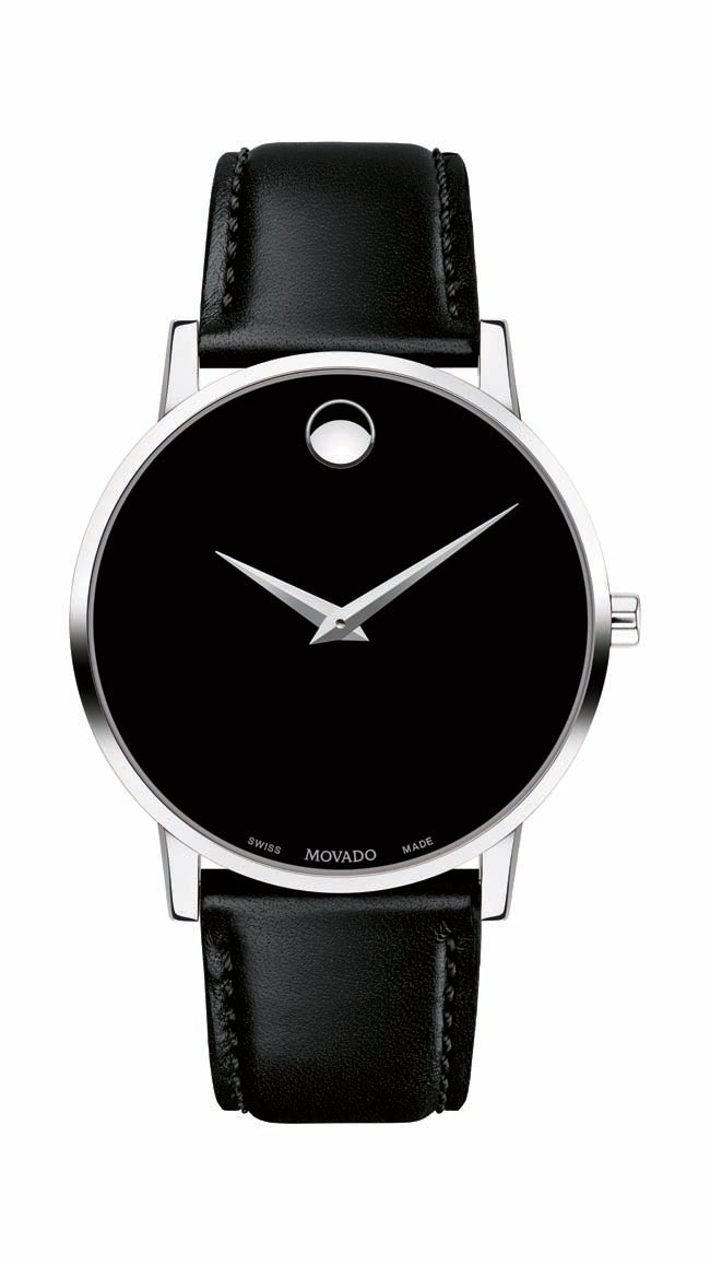 Movado Classic Museum Gents. Stainless Steel Case. Black dial and Strap