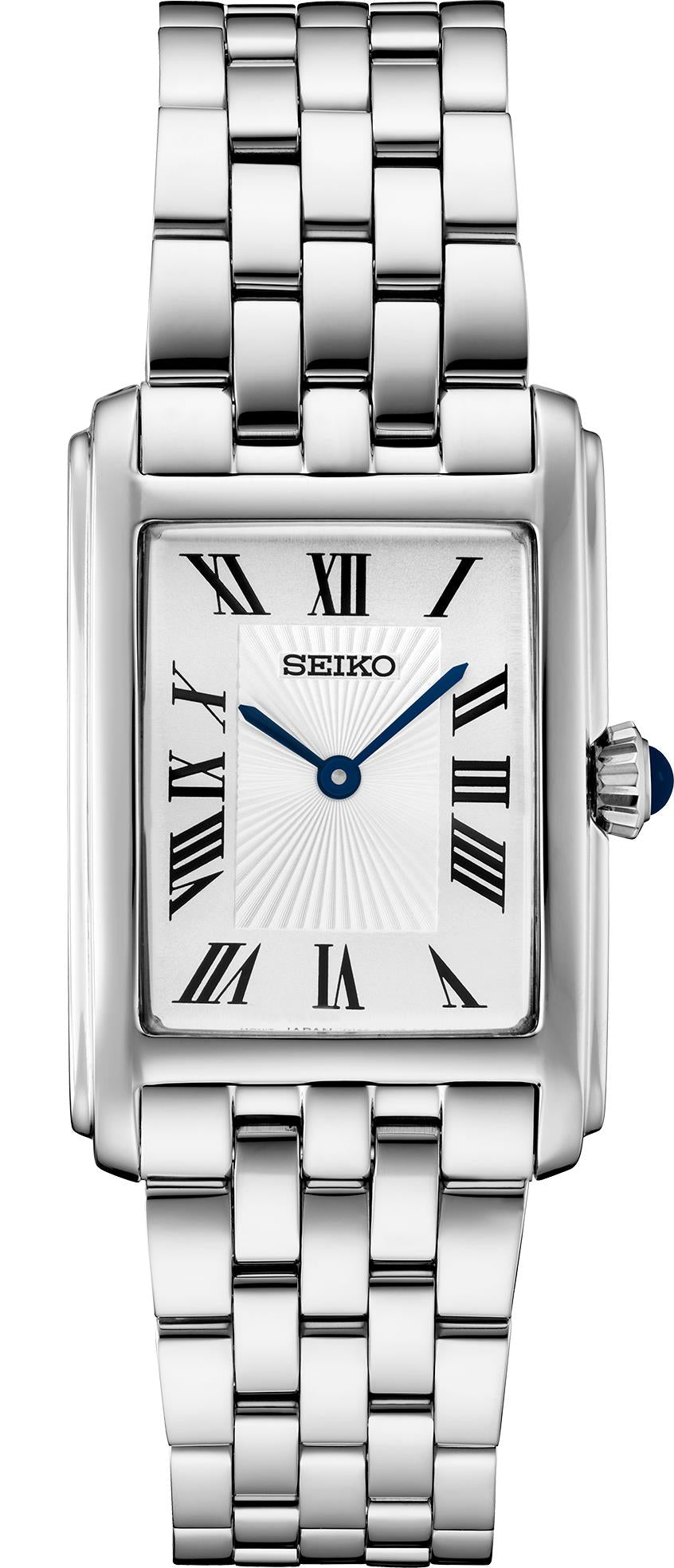 Seiko Essentials SS Quartz White Dial, Rectangle Case, Blue sweep accent, Roman Numerals
