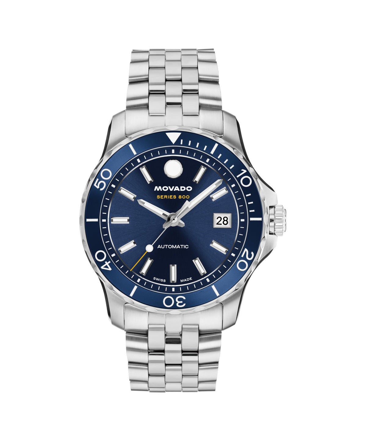 Movado Automatics Series 800 Automatic. Stainless Steel case & Bracelet. Blue Aluminum bezel. Blue Dial