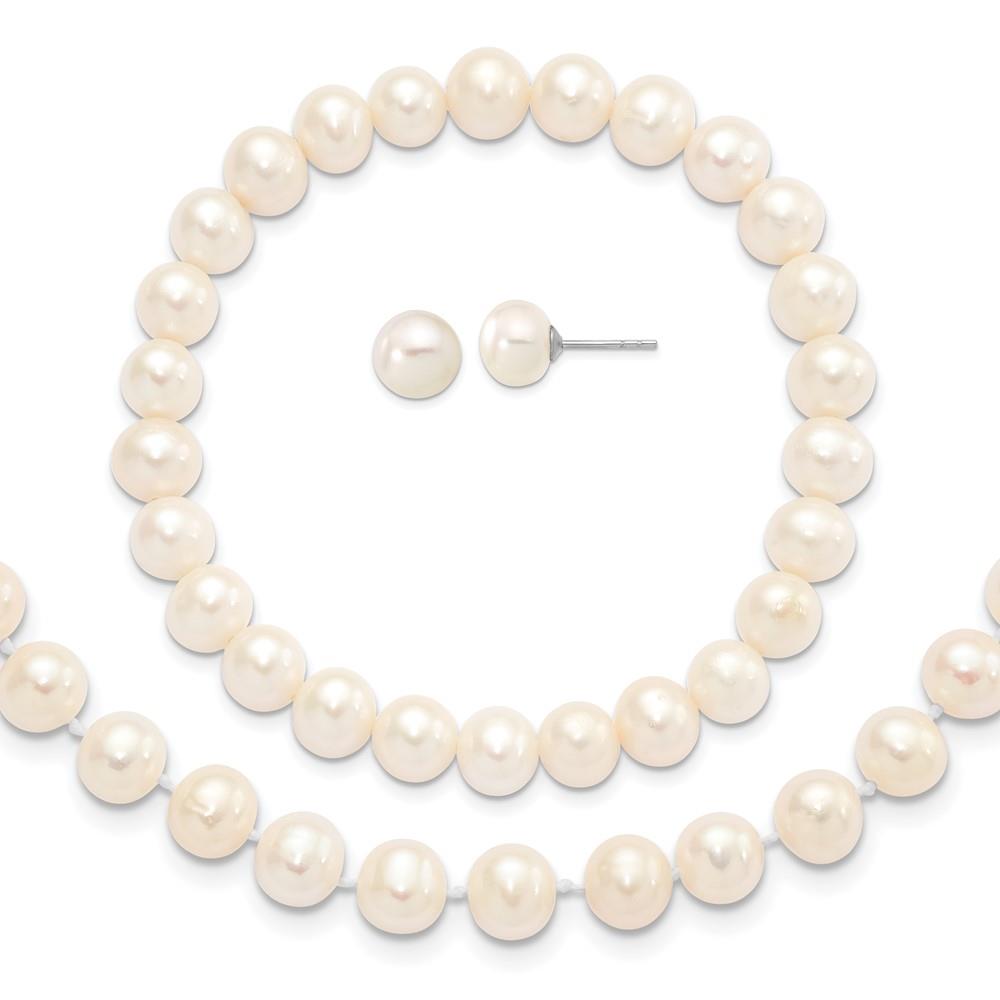 Distinctive Sterling Silver 7-8mm White Freshwater Cultured Pearl Earring Bracelet Necklace Set