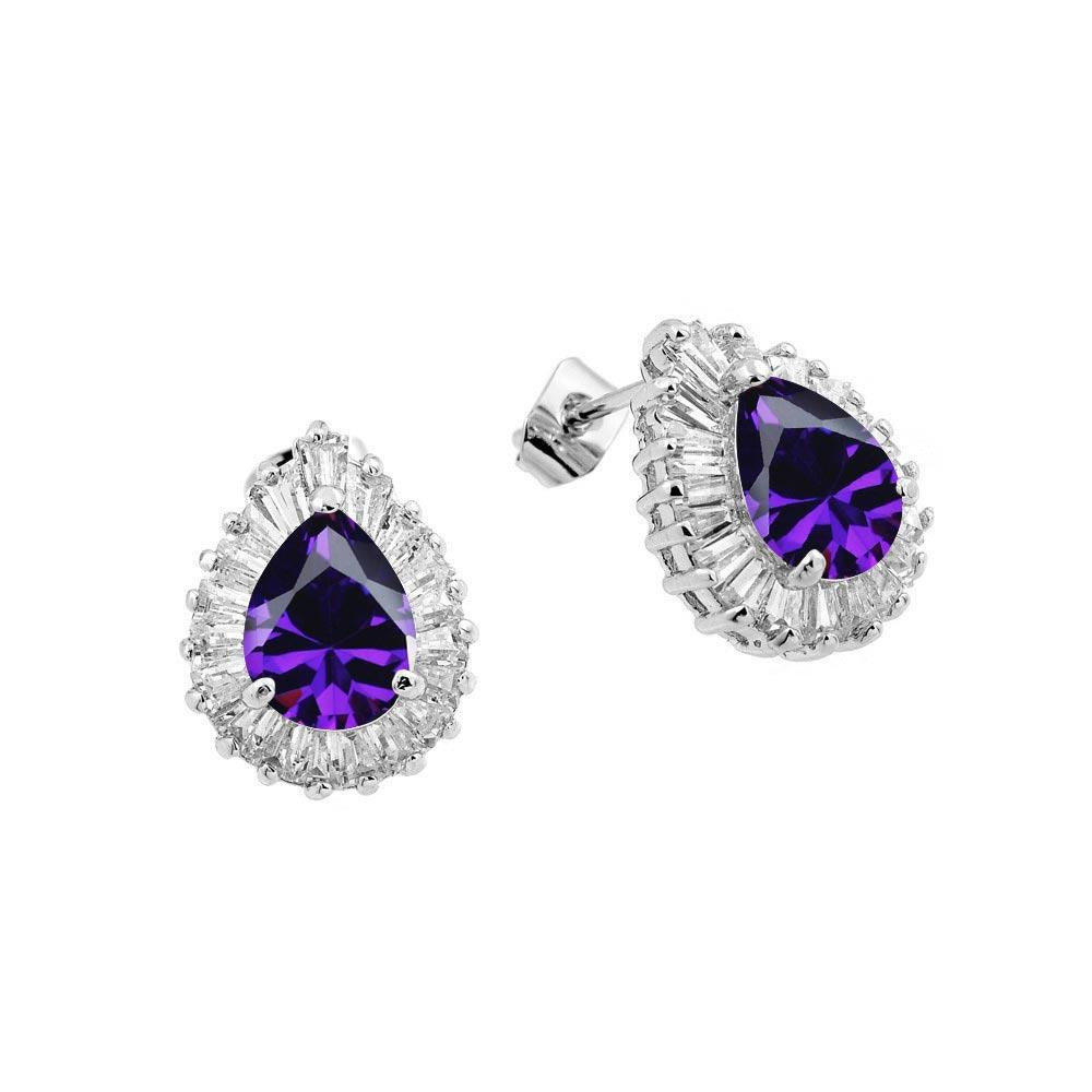 PARIKHS Rhodium Plated Teardrop Purple Baguette Clear CZ Stud Earring in 925 Sterling Silver
