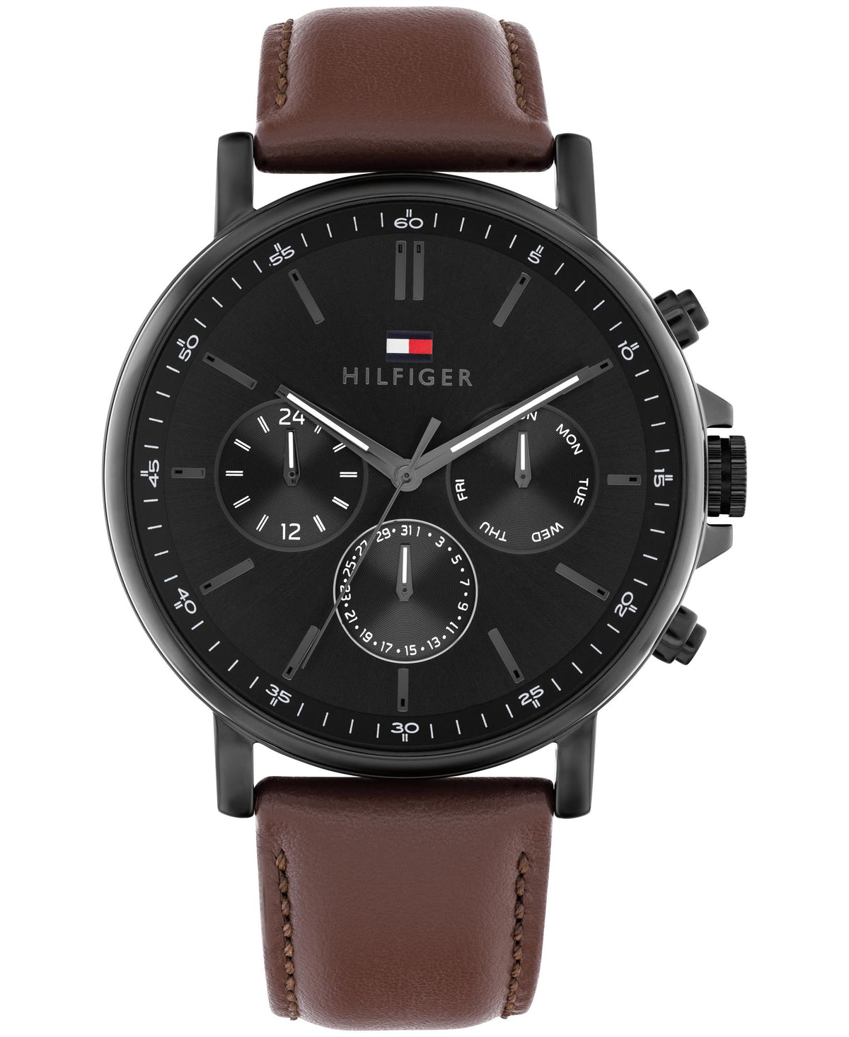 Tommy Hilfiger Gents. Black IP Case. Dark Brown Leather Strap. Black Dial.