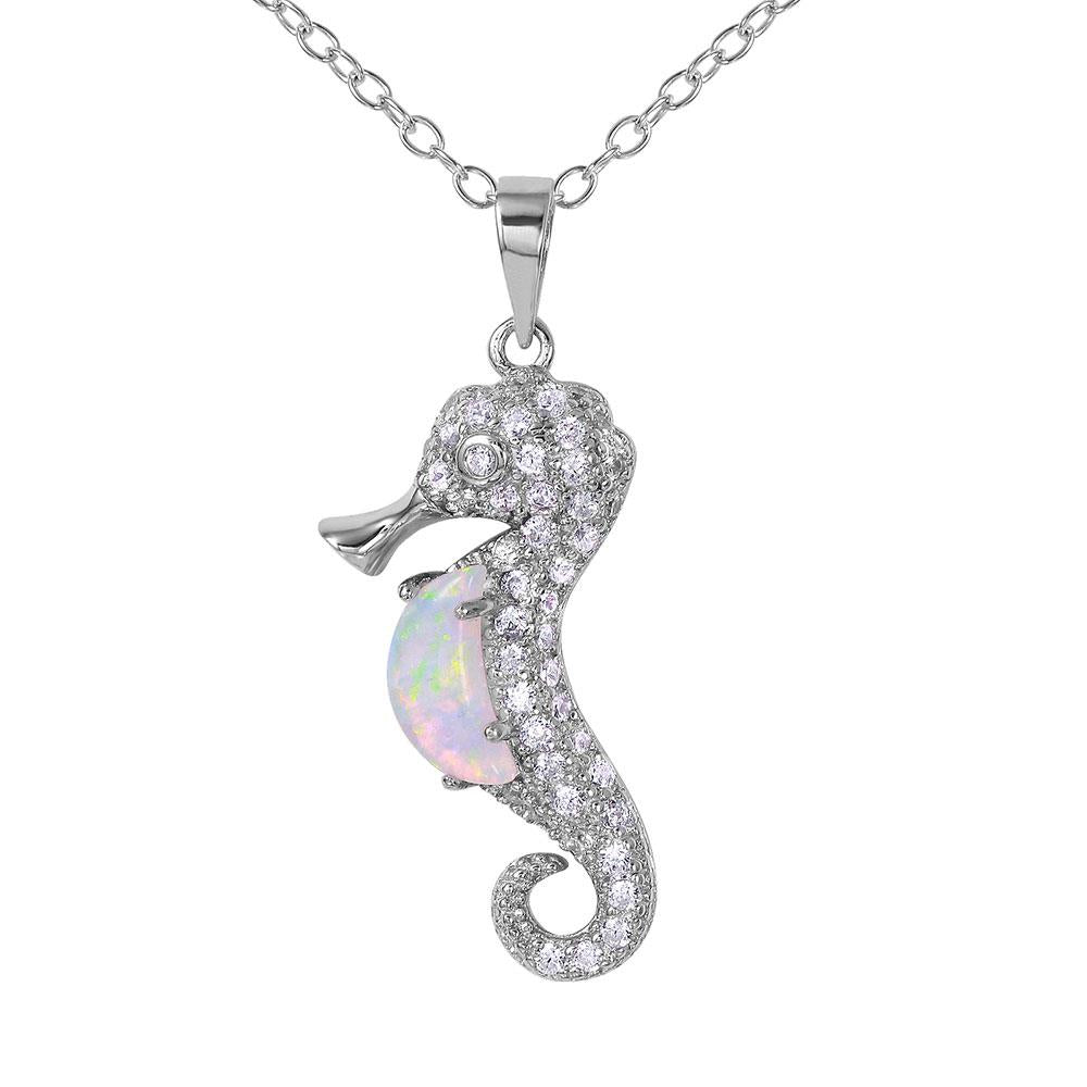 PARIKHS Rhodium Plated Sea Horse with CZ and Synthetic Opal Necklace in 925 Sterling Silver