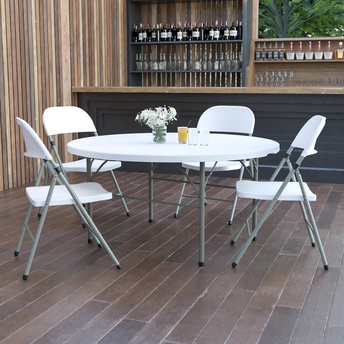 Flash Furniture 5-Foot Round Bi-Fold Granite White Plastic Folding Table with Carrying Handle