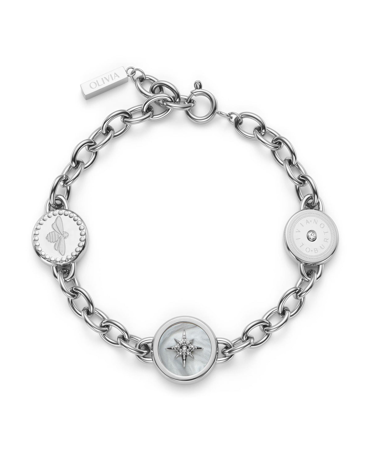 Olivia Burton Stainless Bee & North Star Charm Disc Bracelet.