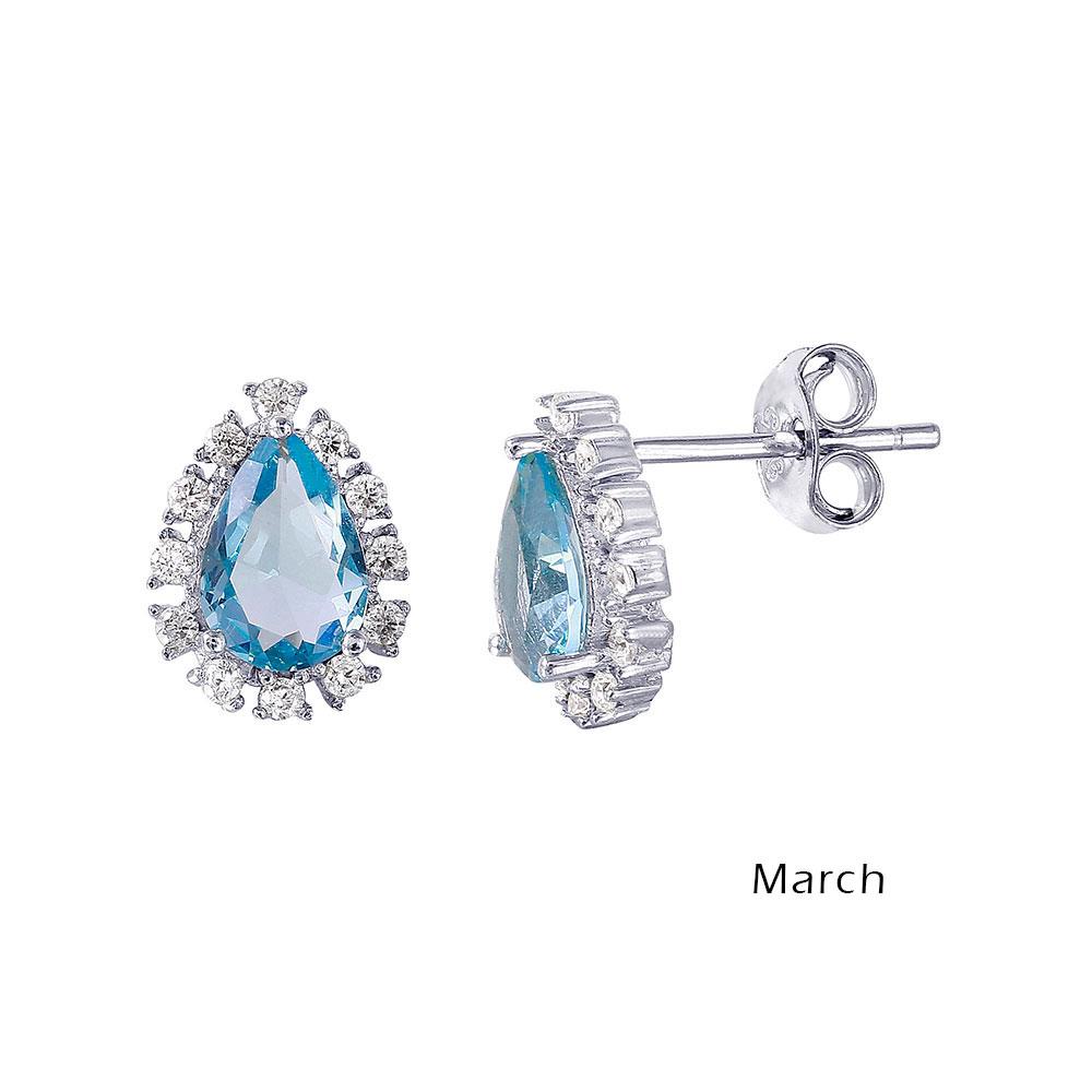 PARIKHS Rhodium Plated Teardrop Halo CZ March Birthstone Earring in 925 Sterling Silver