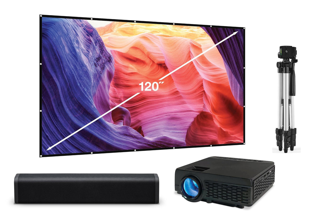GPX BT Projector Bundle w/ 120" Projection Screen w/15" Speaker Bar and Tripod