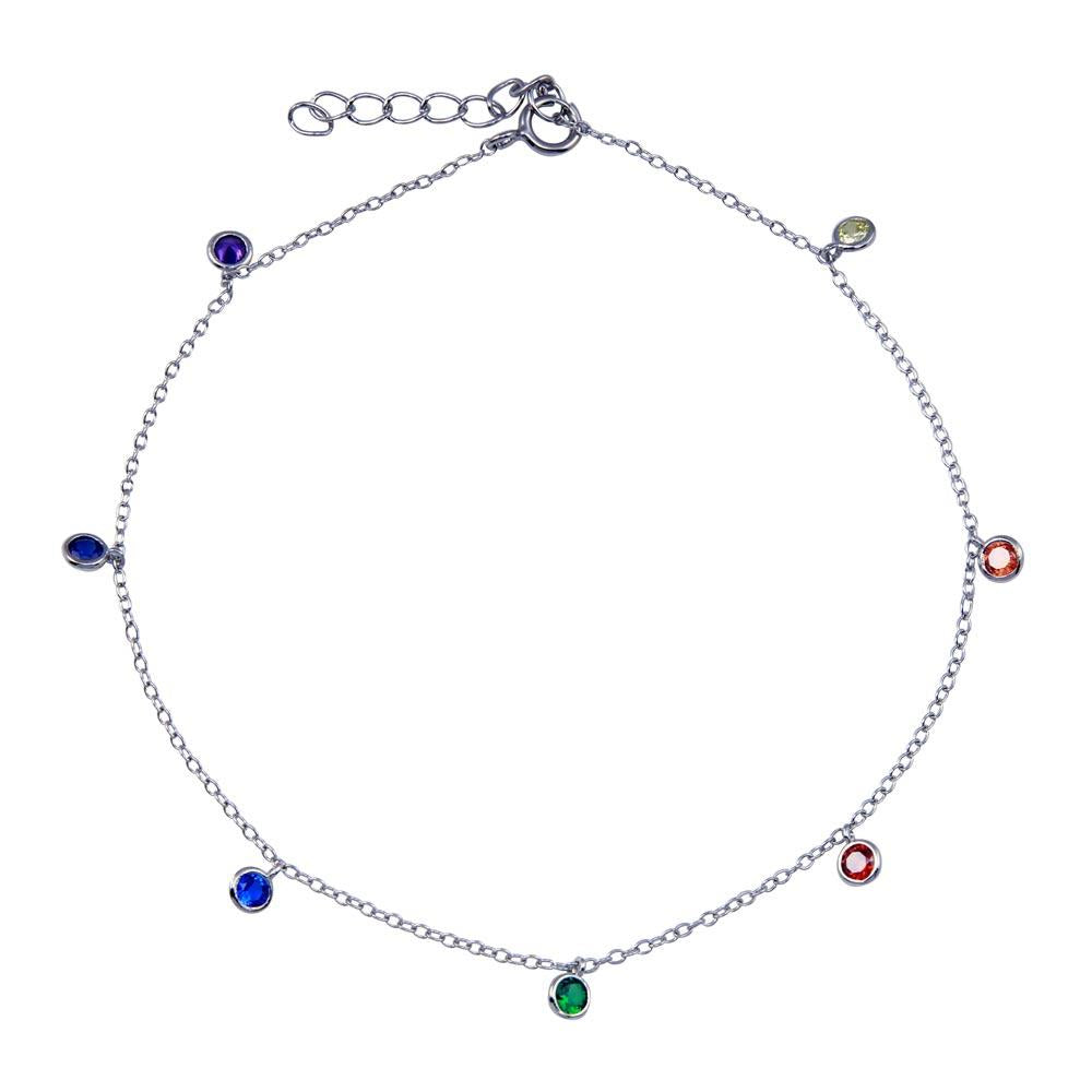 PARIKHS Rhodium Plated Multi Color CZ Dangling Anklet in 925 Sterling Silver
