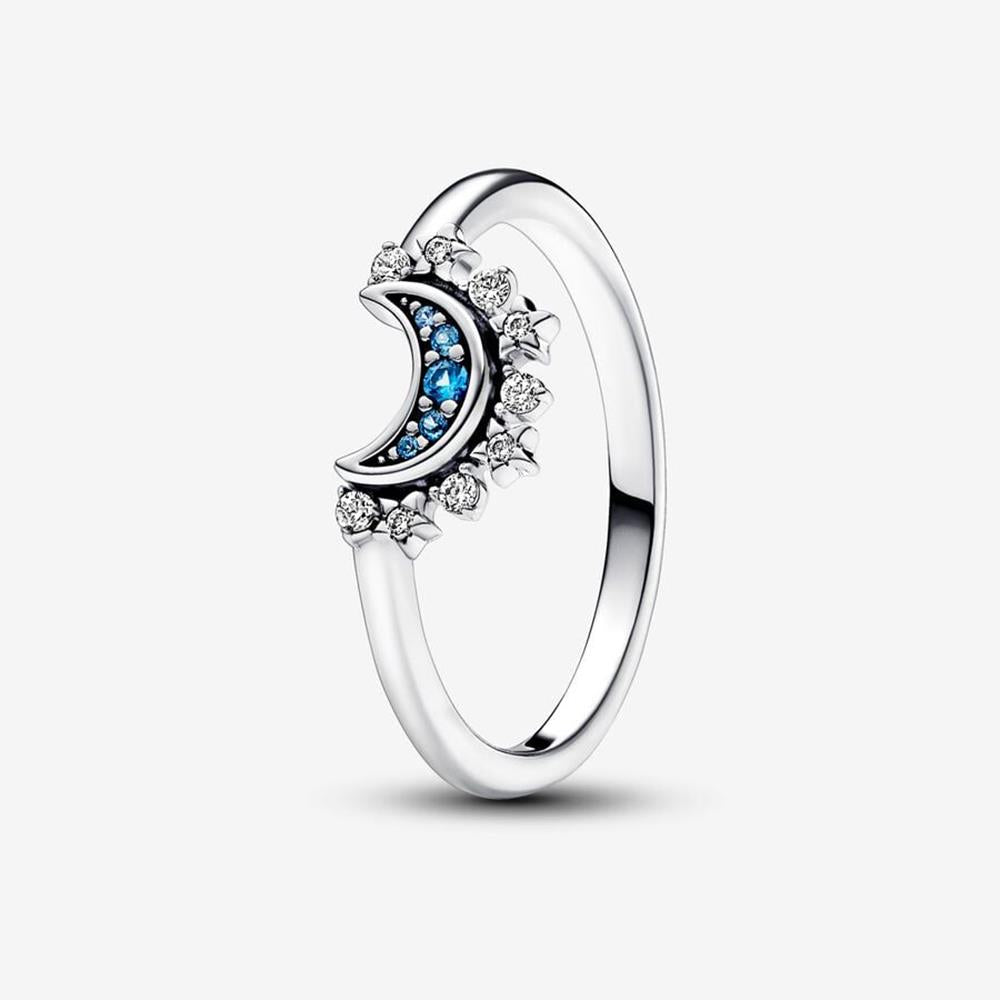 Pandora Celestial Blue Sparkling Moon Ring Size 6