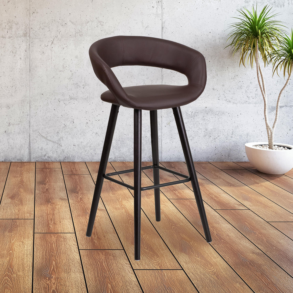 Flash Furniture 29" High Contemporary Cappuccino Wood Rounded Open Back Barstool in Black Vinyl