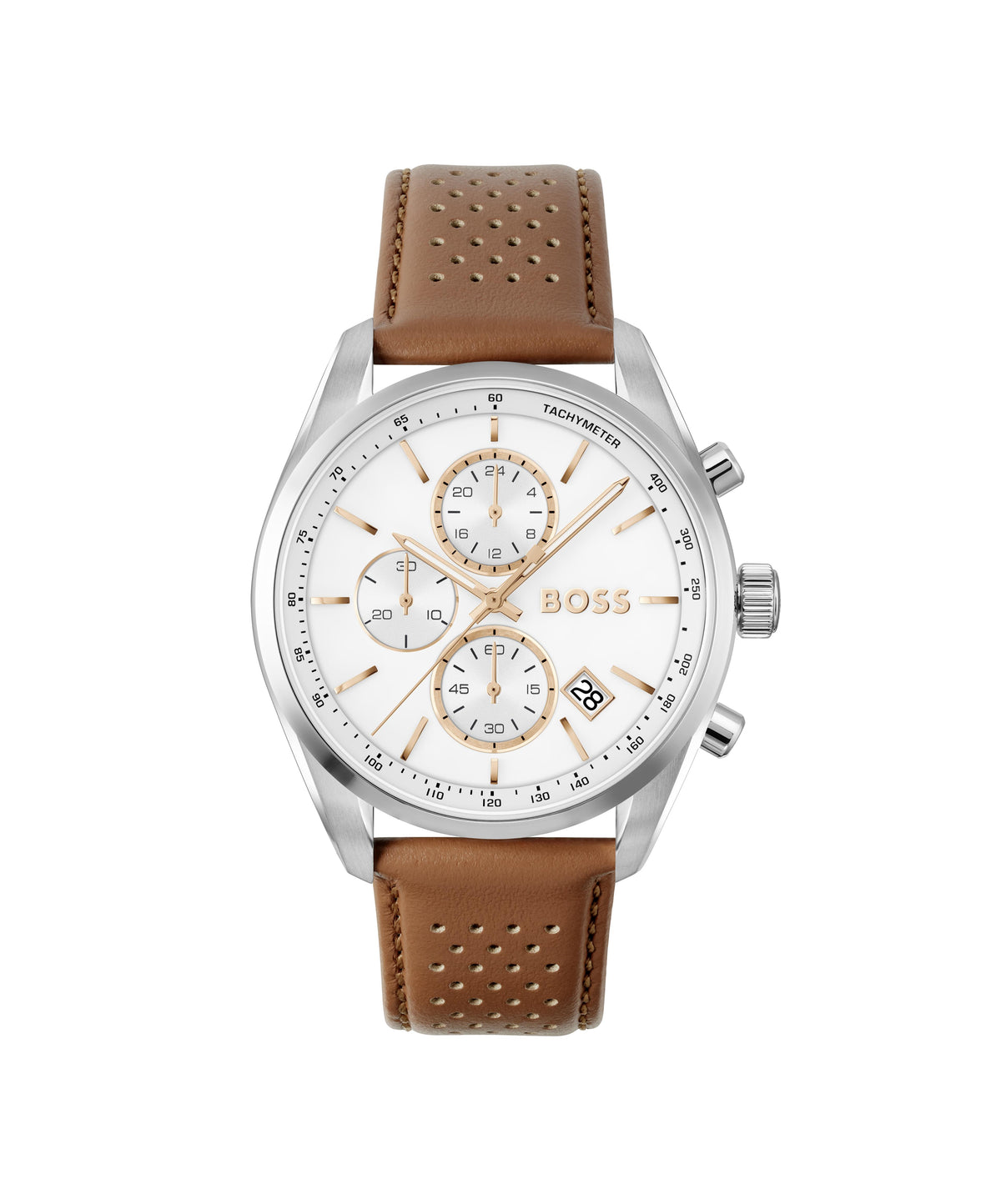 HUGO BOSS Boss Grand Prix 44 Gents. Stainless Steel Case. Brown Leather Strap. White Chrono Dial.