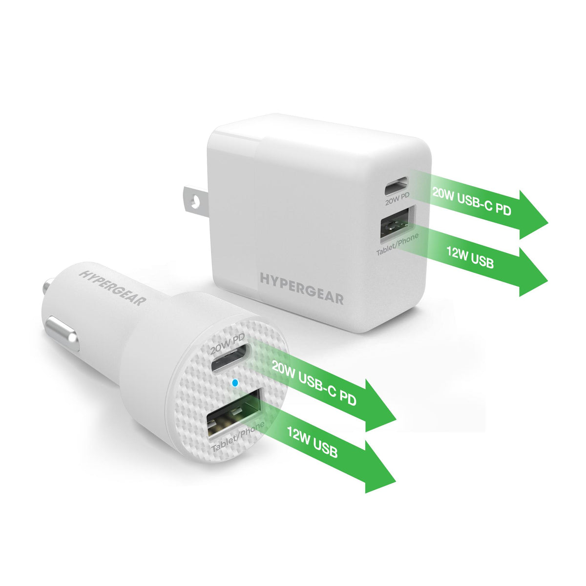 HYPERCEL Hypergear Wall/Car Charger Bundle 20W USB-C PD + 12W White