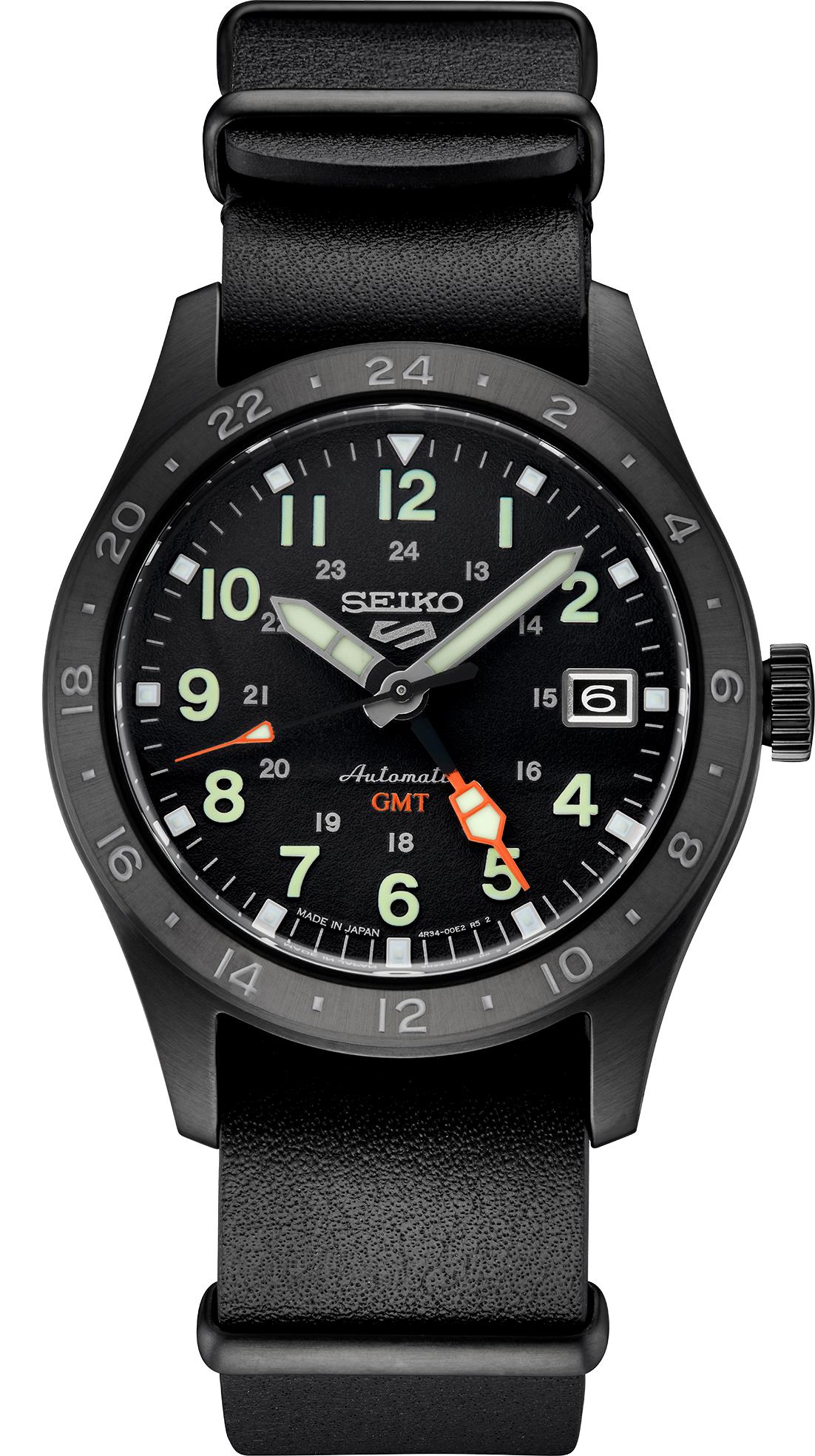 Seiko 5 Sports SS Blk Hrd Ct Automatic GMT Black Dial, Field Style, Black Leather Nato strap