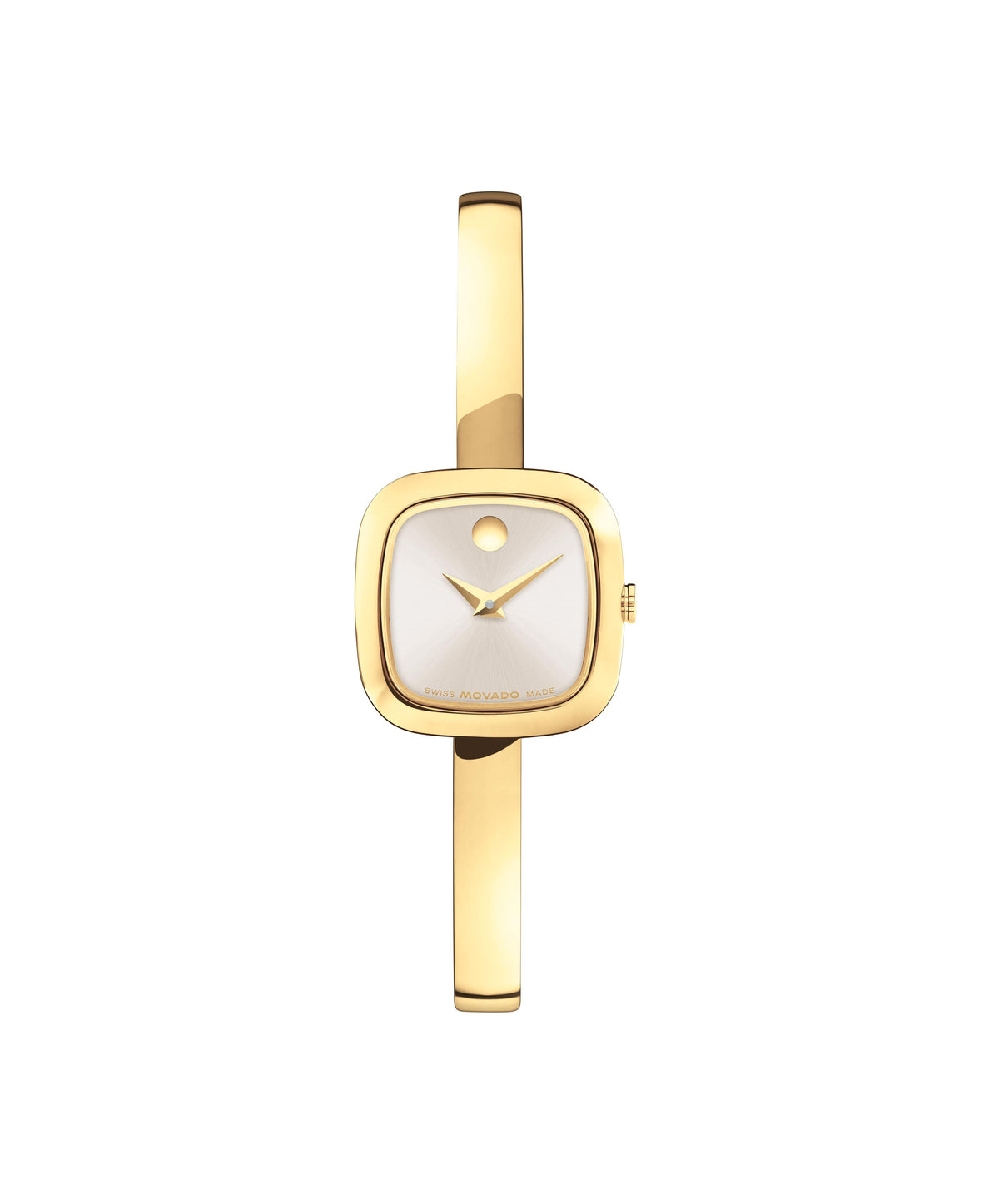 Movado Museum Bangle Cushion Ladies. Yellow Gold PVD Cushion case & Bangle Bracelet. Champagne Dial